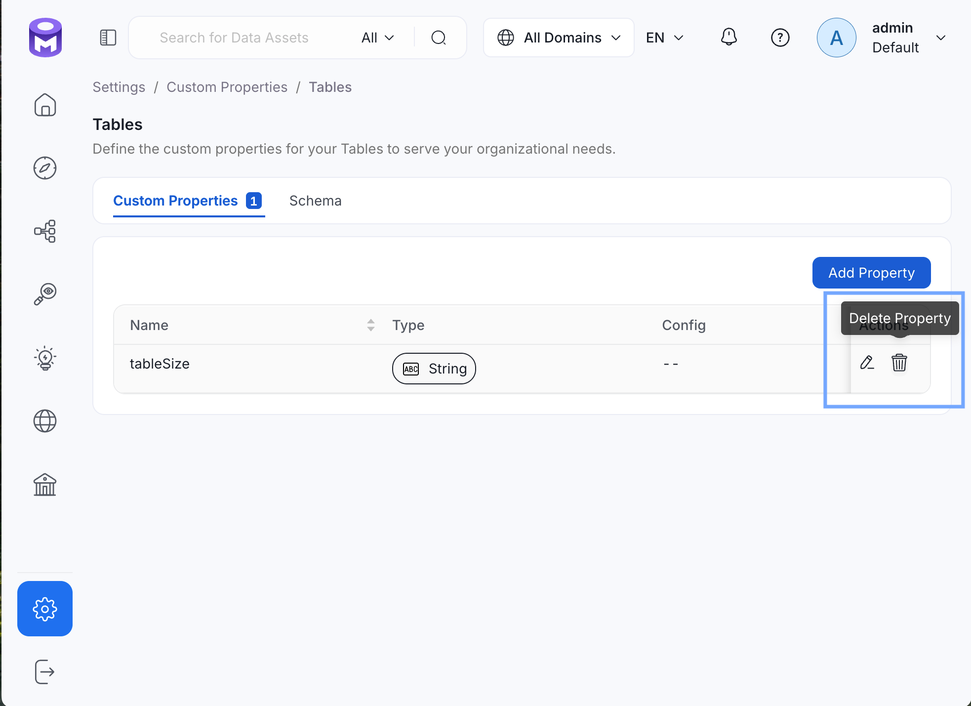 Delete custom property added to table
